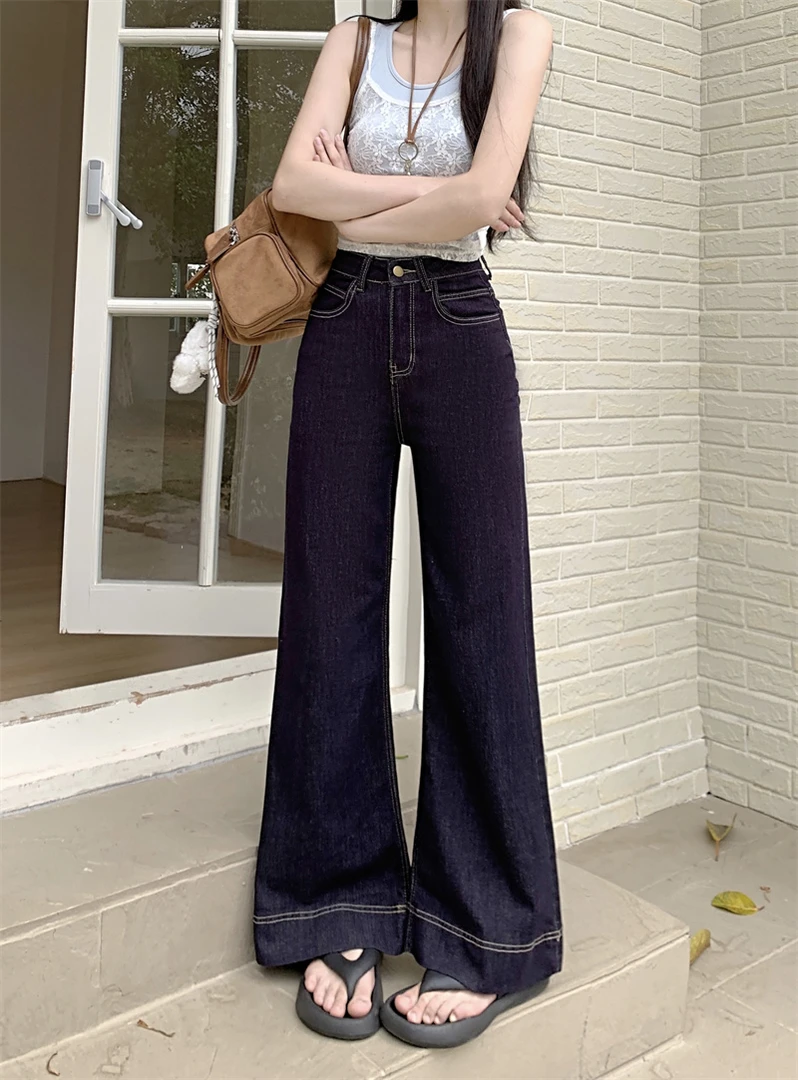 美式复古丹宁牛仔裤女秋季慵懒松弛感高腰直筒微喇拖地阔腿裤子