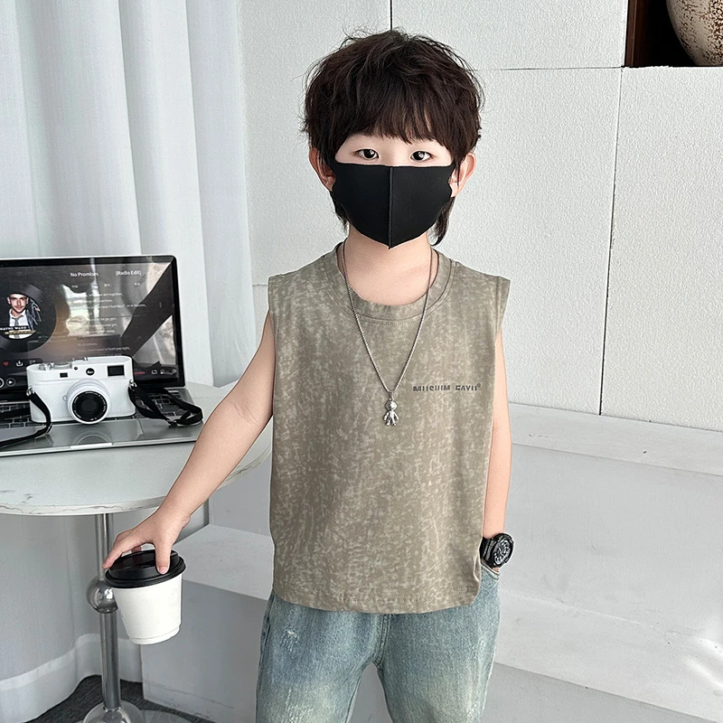 男童夏装背心T恤2025新款儿童扎染无袖上衣宝宝男孩洋气酷帅坎肩