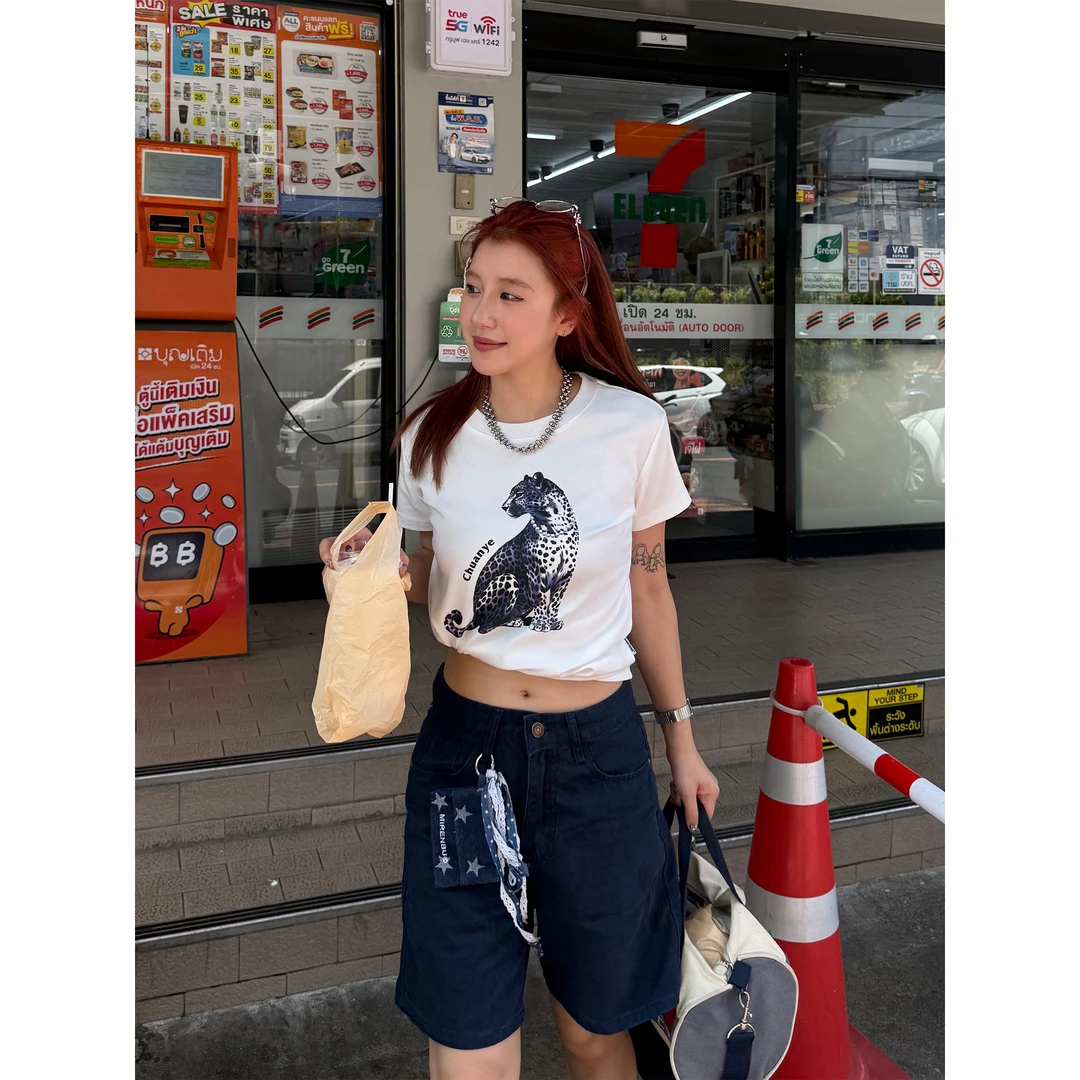 川川也CCYE美式复古豹子正肩短袖修身微宽松街头insT恤夏