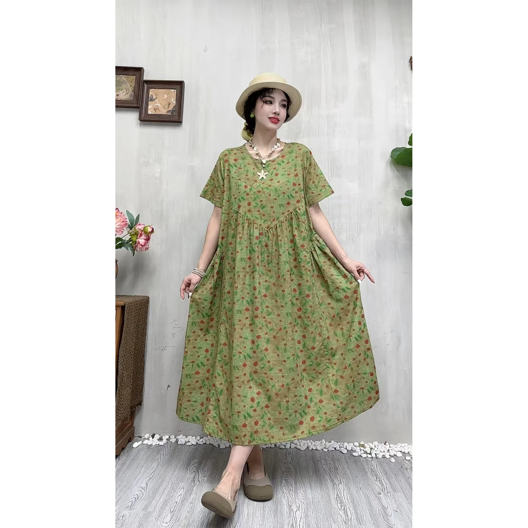 5275夏季新款显瘦气质时尚女百搭休闲文艺复古印花洋气宽松连衣裙