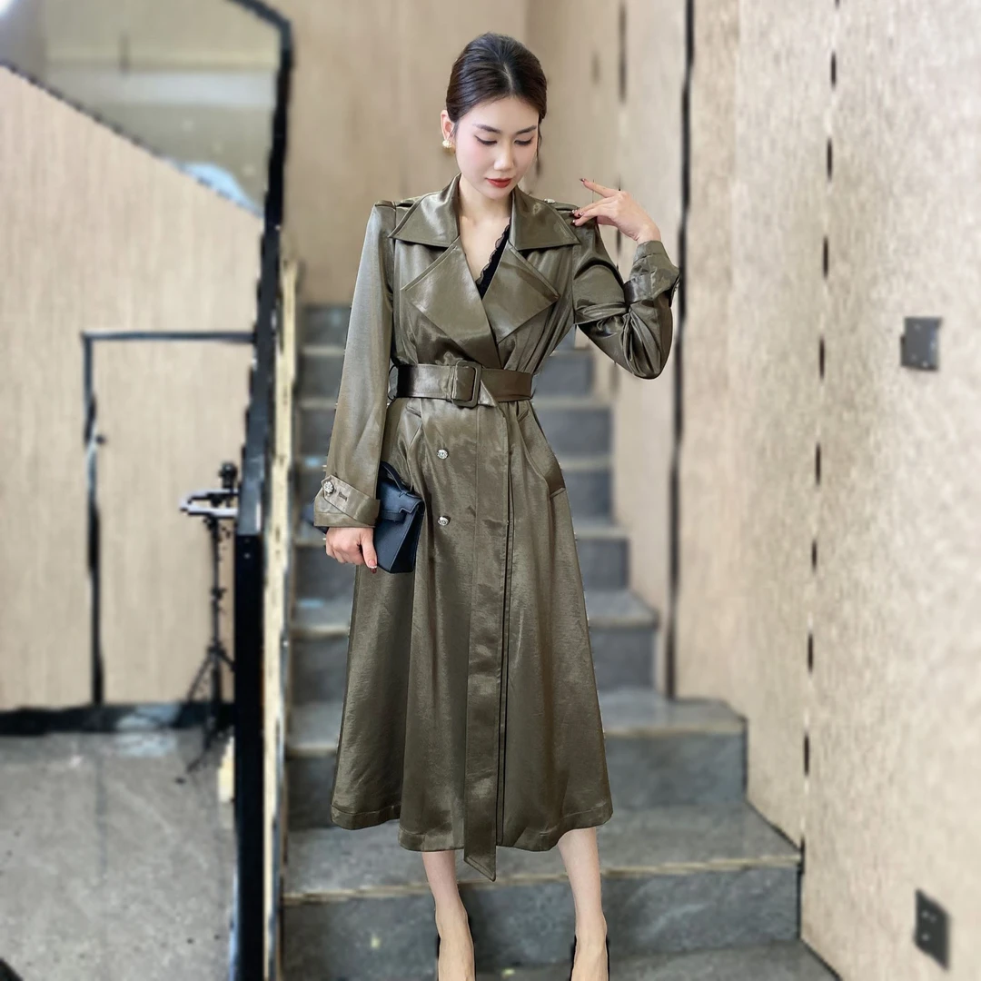 【俊英】老钱风收腰大衣纯色长款休闲2025设计师春季长款风衣女