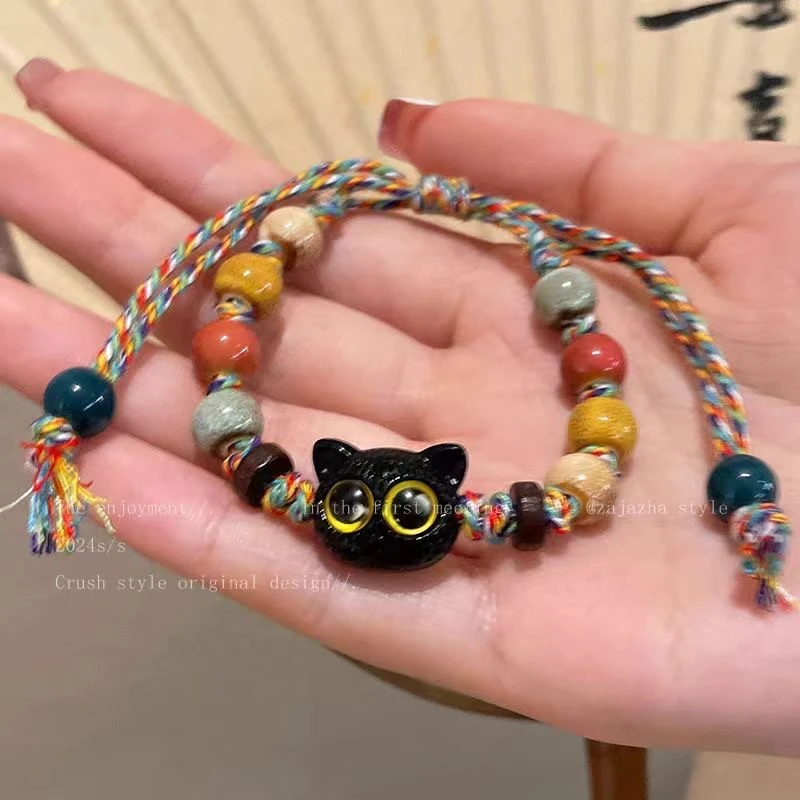 不锈钢莫桑石手链 彩色玻璃猫咪编织手链ins复古风小众个性手串