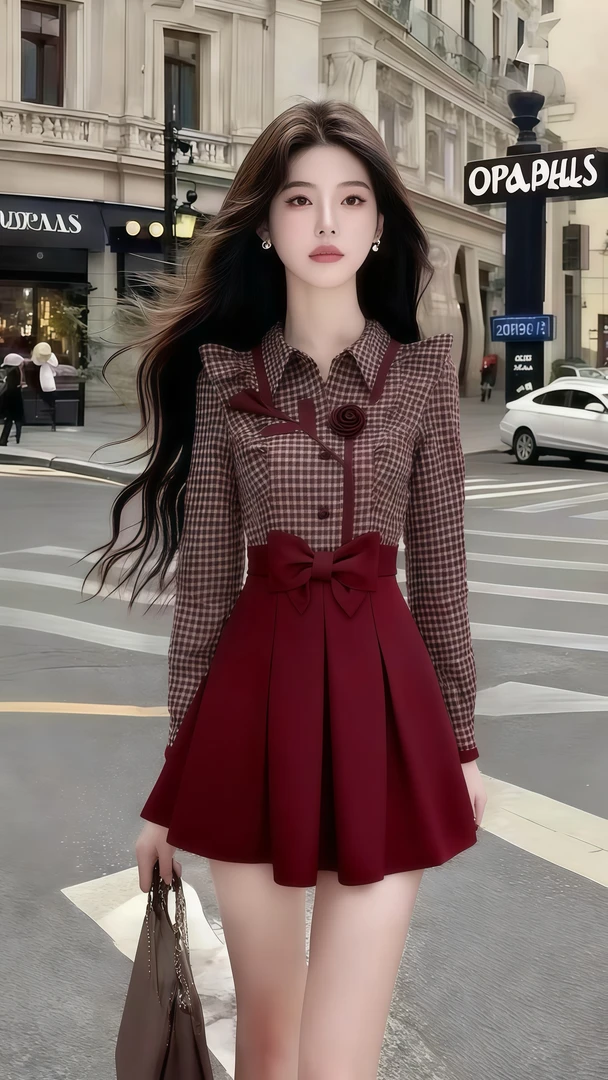 秋季时尚通勤风酒红色翻领格子长袖修身设计时尚气质连衣裙