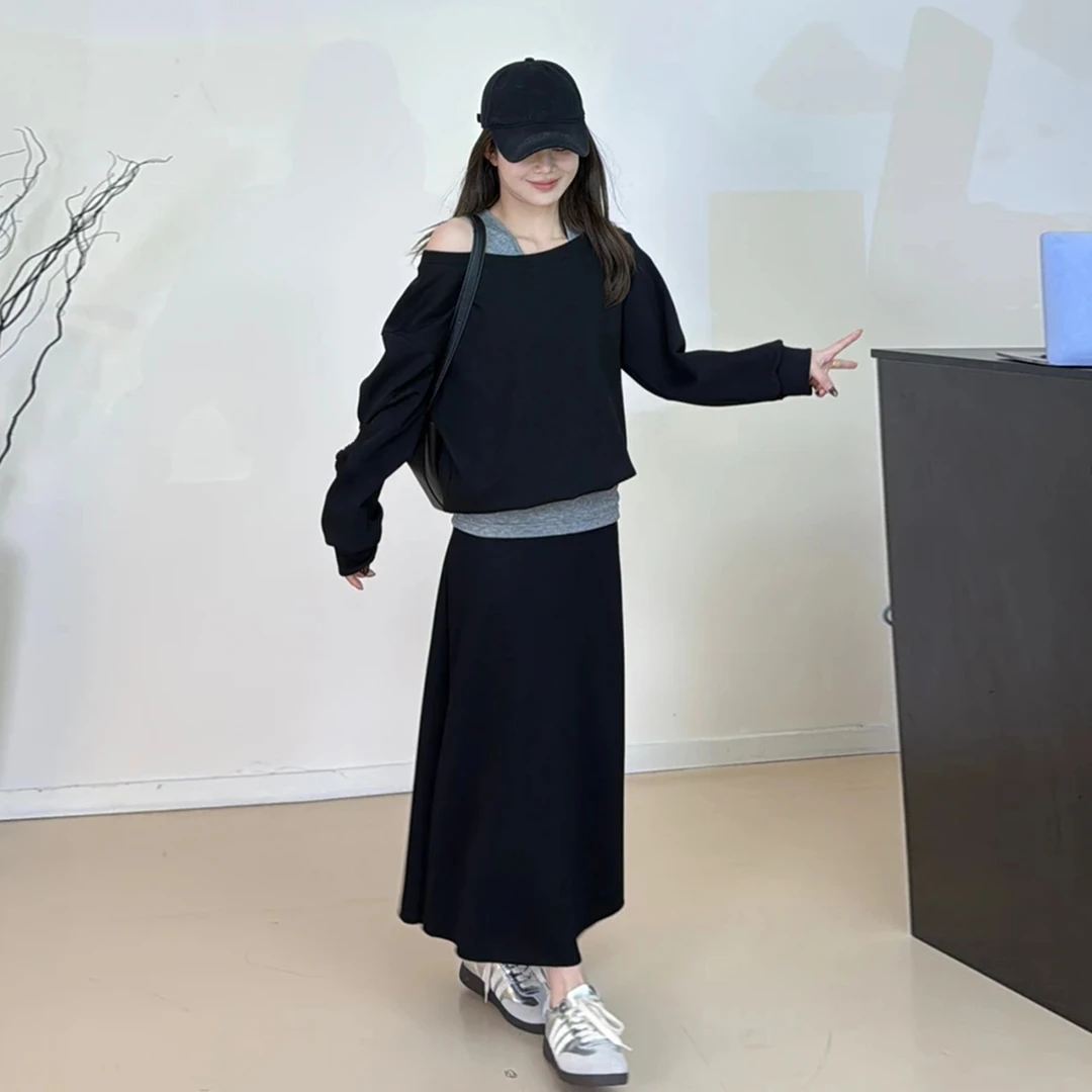 巨好看黑色卫衣连衣裙子女2025新款韩系早秋穿搭大方得体套装长裙