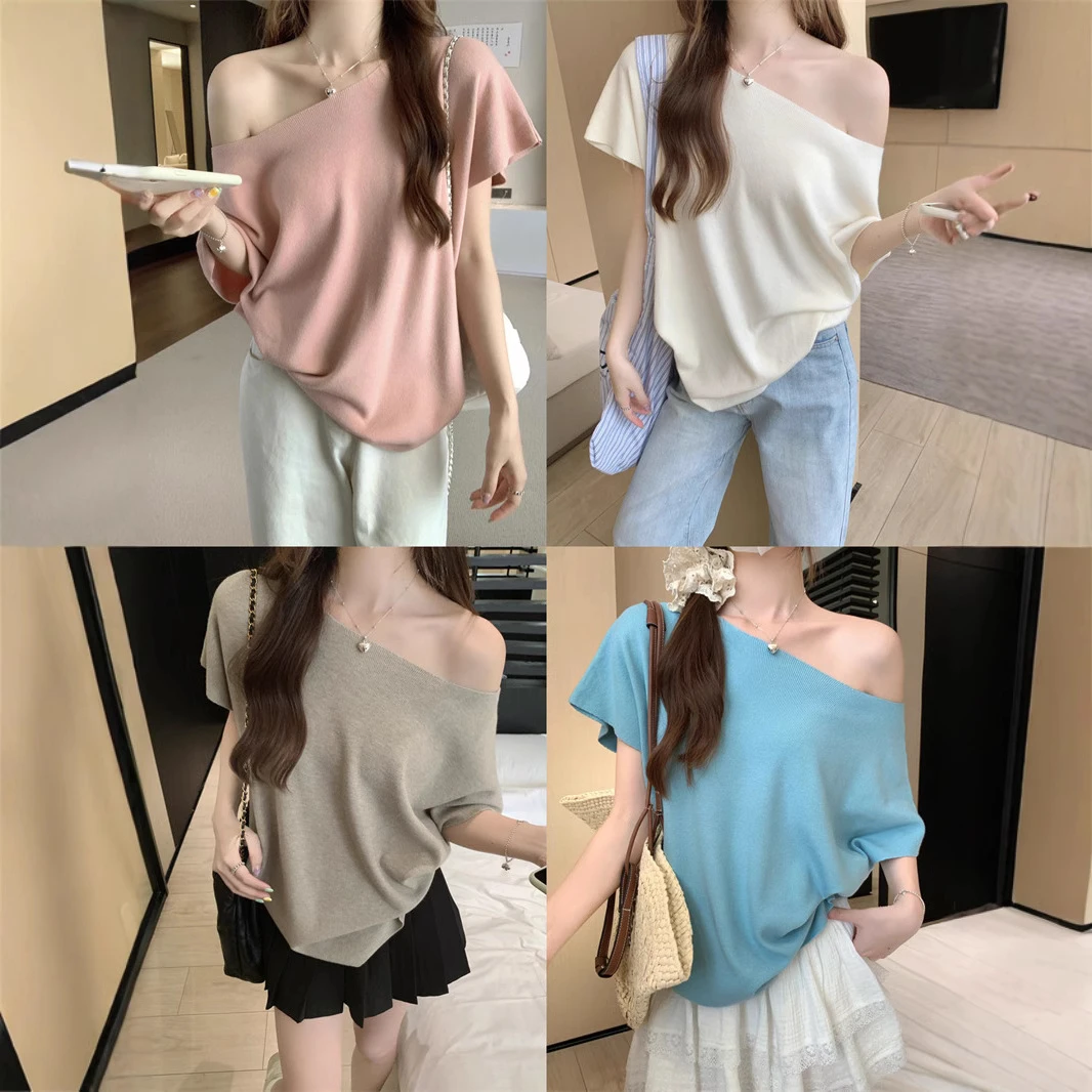 实拍 斜肩蝙蝠袖针织T恤女夏季新款慵懒宽松显瘦设计感上衣80513