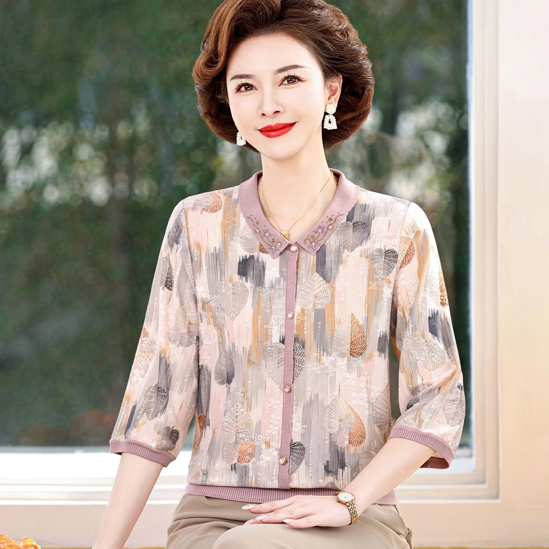 妈妈装秋装T恤七分袖洋气小衫高贵中老年女母亲衣服碎花上衣薄款