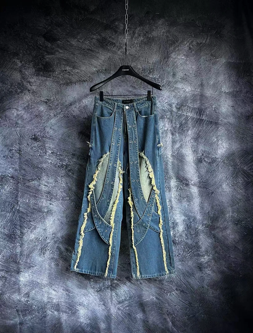 XXC-设计感拼接飘带牛仔裤