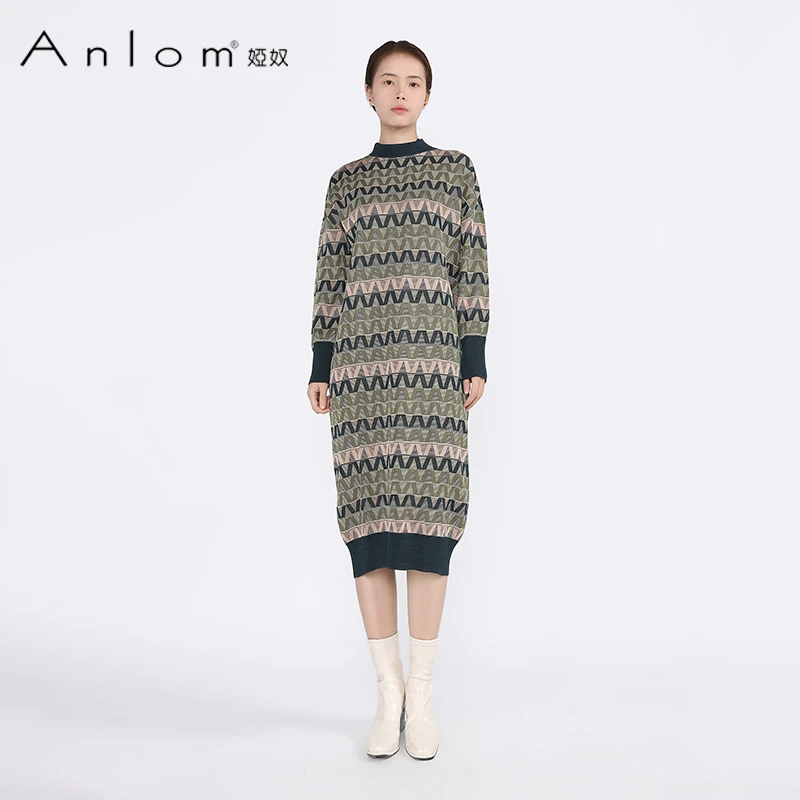 Anlom/娅奴全棉圆领长袖直筒宽松长款早秋条纹连衣裙女显瘦修身