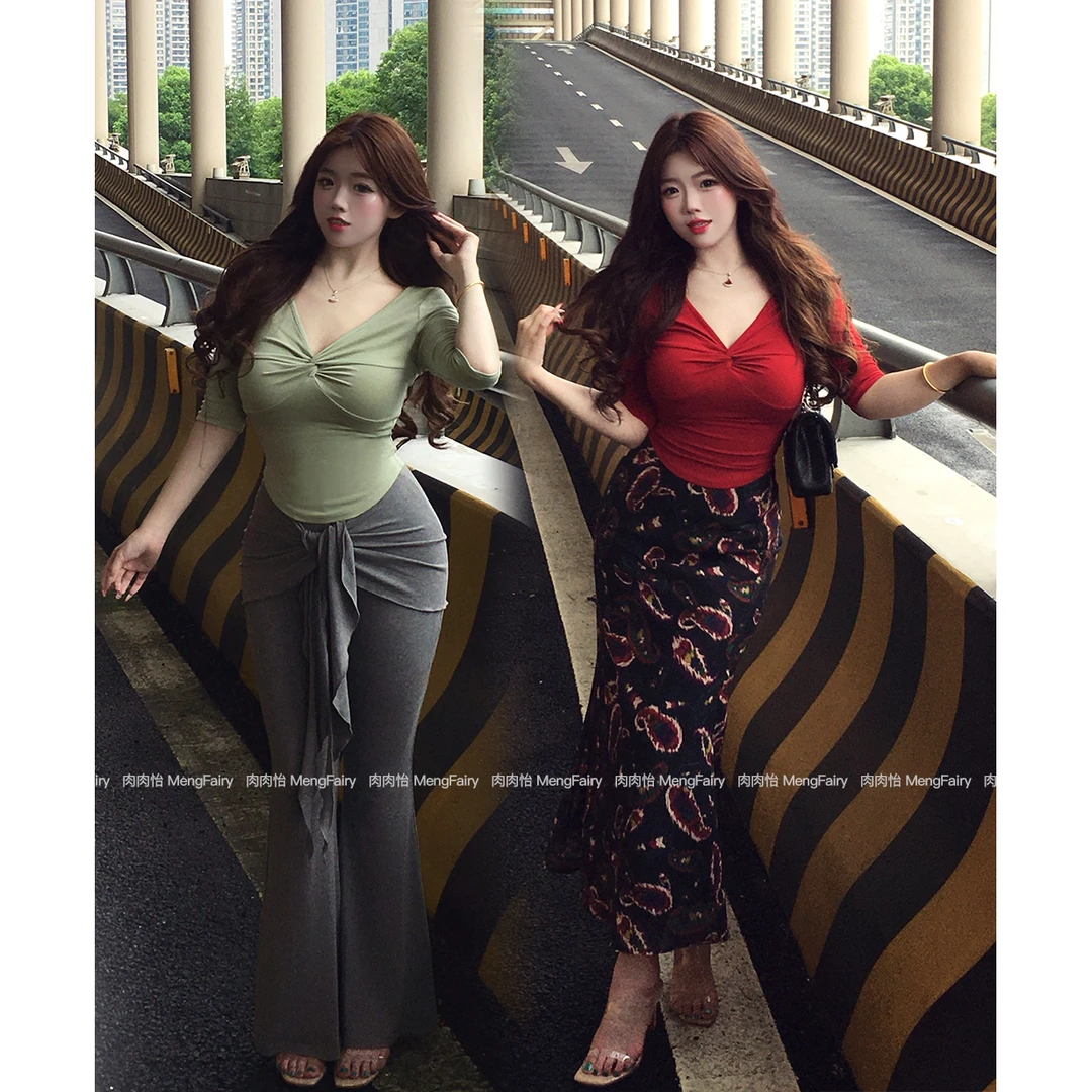 肉肉怡 清清【勾勒好身材】港风修身T恤百搭长裤花色半裙6573
