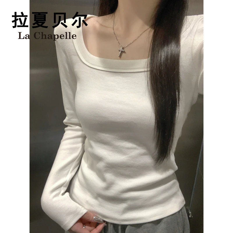 拉夏贝尔韩系气质方领长袖T恤女早秋新款纯欲风修身显瘦短款上衣