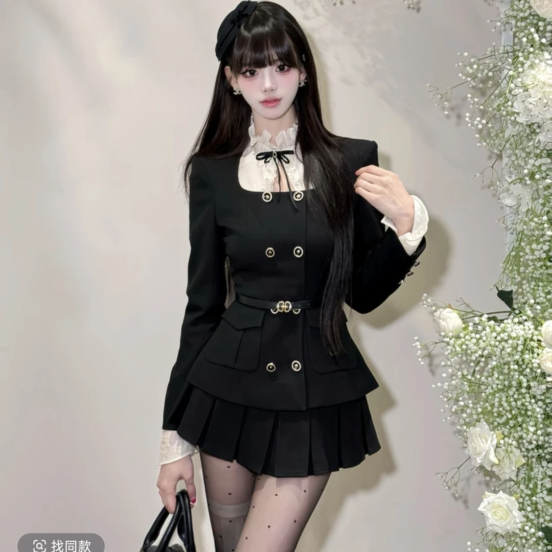 复古学院风休闲西装收腰外套女2025年秋季时尚黑色百褶短裙三件套