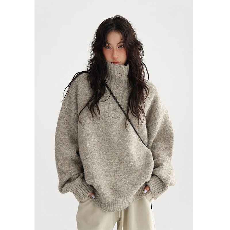 常规复古高领套头毛衣女秋冬加厚外穿慵懒风宽松翻领软糯羊毛针织