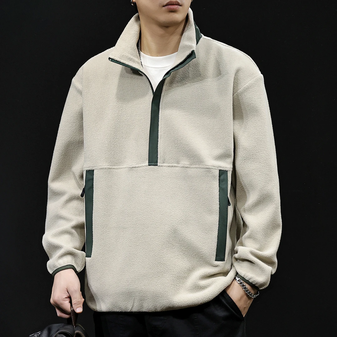 MR.MUDI/穆迪先生梭织拼色男士卫衣半开襟秋冬款宽松休闲加绒衣服