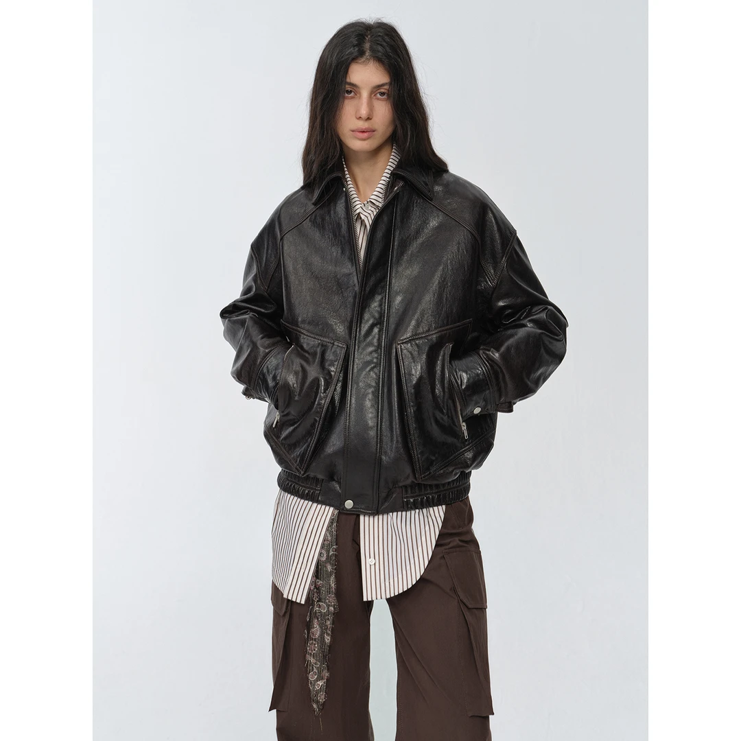 [实穿新复古]付智恩 纽约留学生 时尚休闲复古设计师春秋皮衣