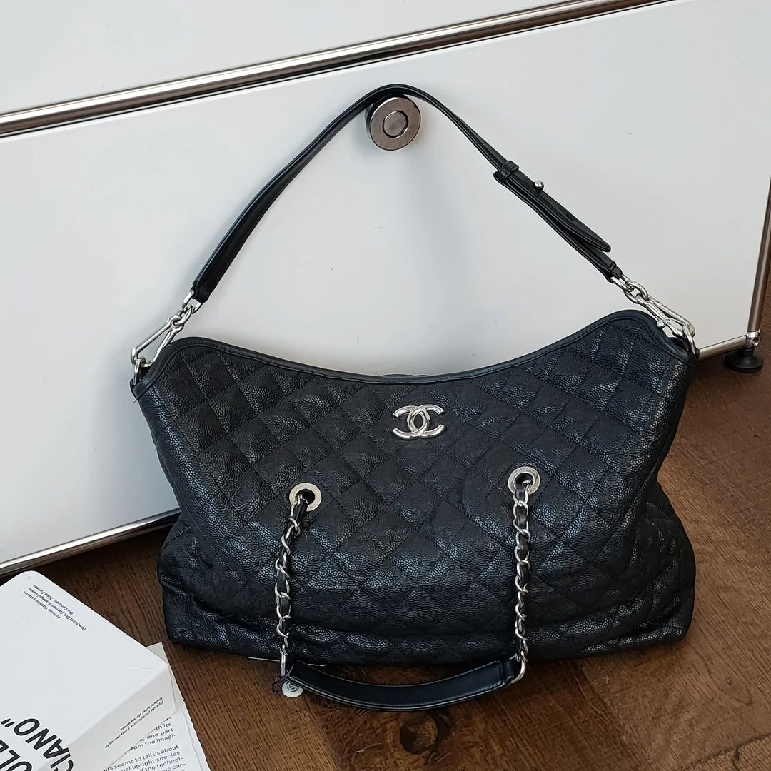 95新 Chanel/香奈儿 Azul- 黑银荔枝皮2Ways托特包49843
