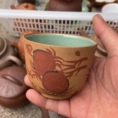 紫砂茶壶段泥红泥灰绿釉杯200cc