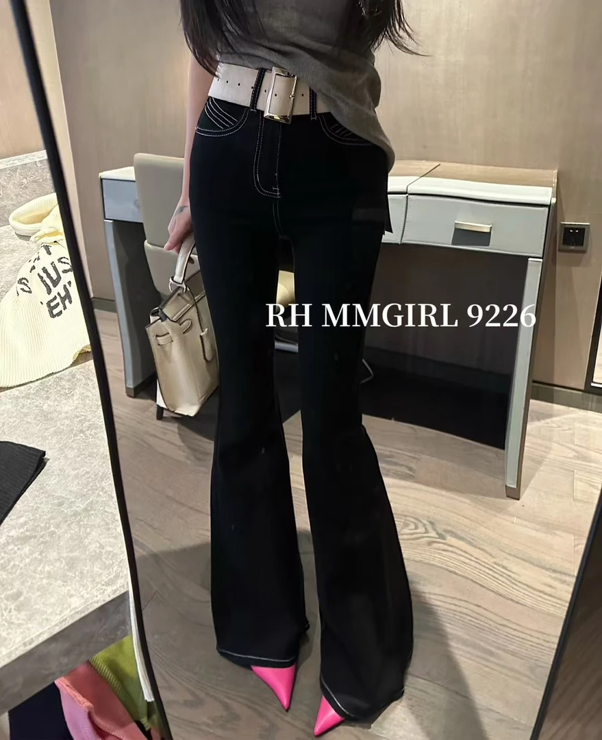 黑色高腰显瘦微喇牛仔裤修身设计拖地长裤气质百搭