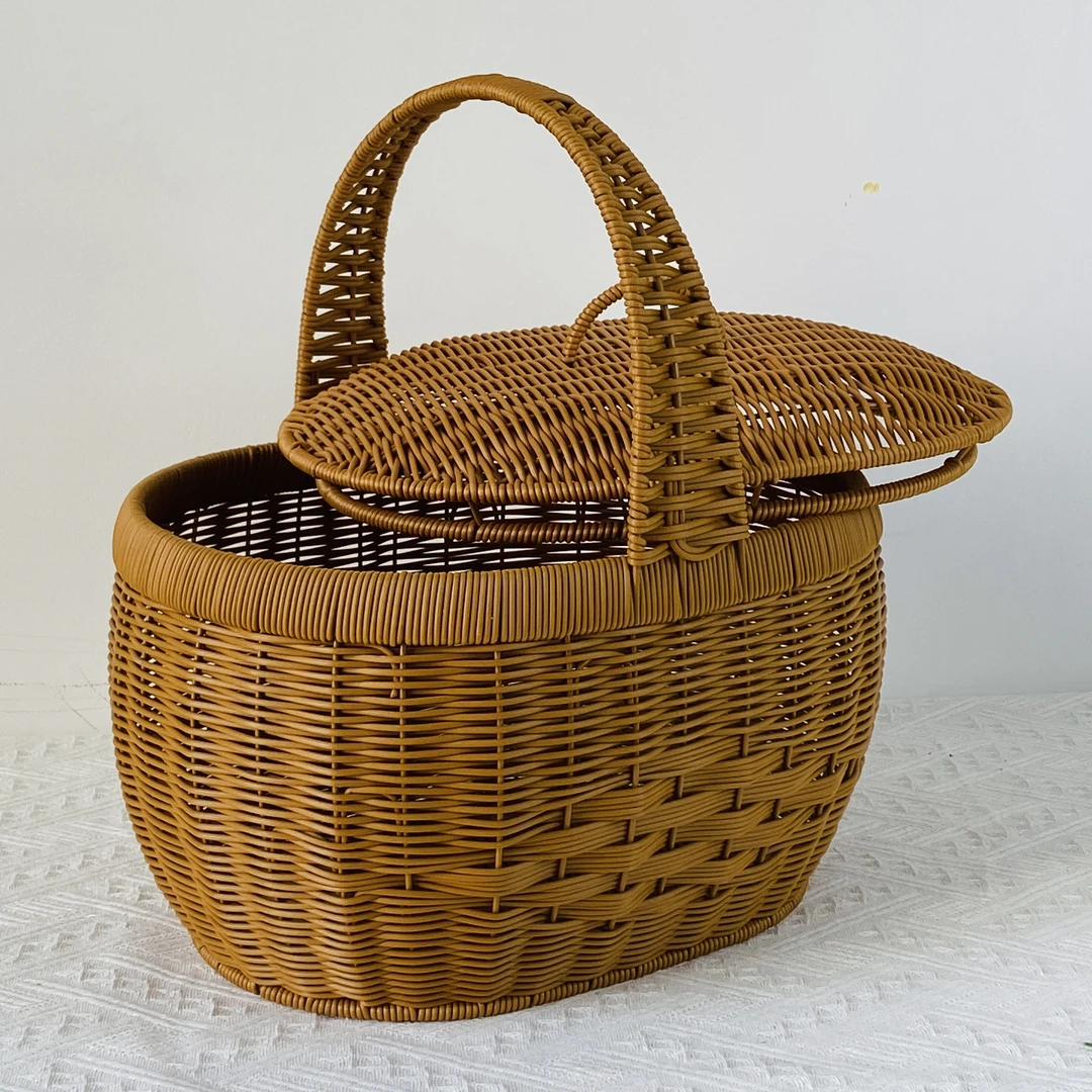 Q75野餐篮手提复古手工编织购物篮买菜篮家用简约菜篮子35*28*36