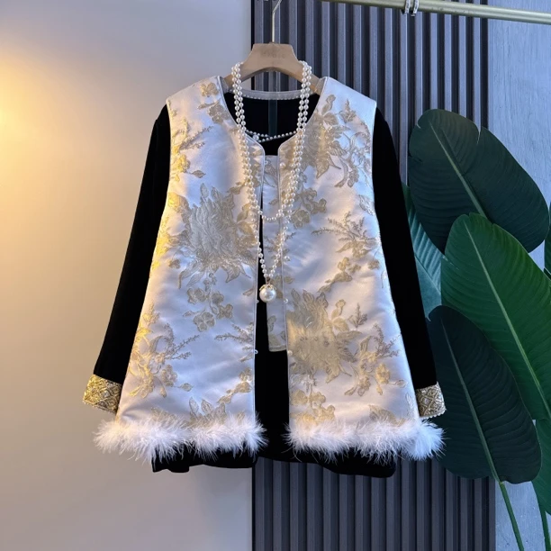 新中式轻奢国风大码女装秋冬提花夹棉无袖盘扣马甲拜年服民族风