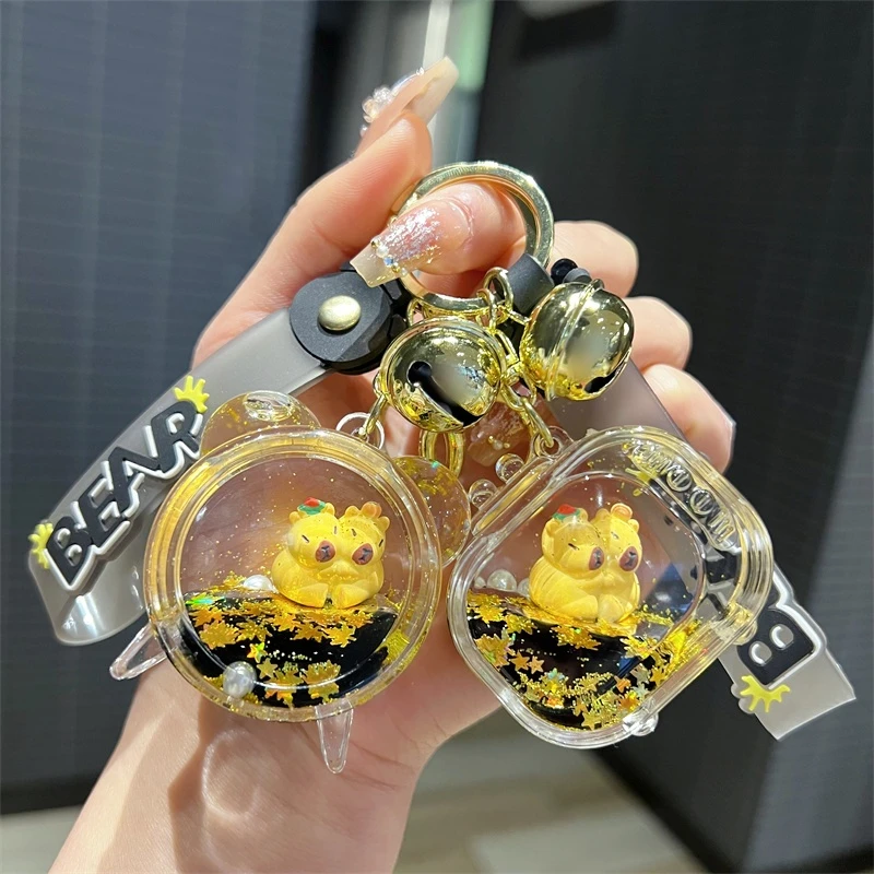 入油黑金水双卡皮巴拉流沙瓶钥匙扣可爱电视机闹钟双水豚漂浮公仔