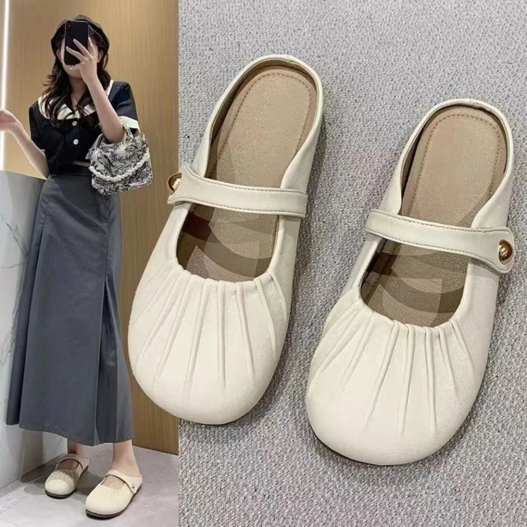 包头半拖鞋爆款女士夏季外穿2025新款软平底穆勒鞋甜美网红豆豆鞋
