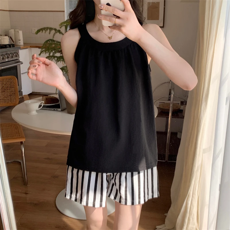 2025新款睡衣女夏季条纹吊带家居服套装简约时尚可外穿宽松舒适