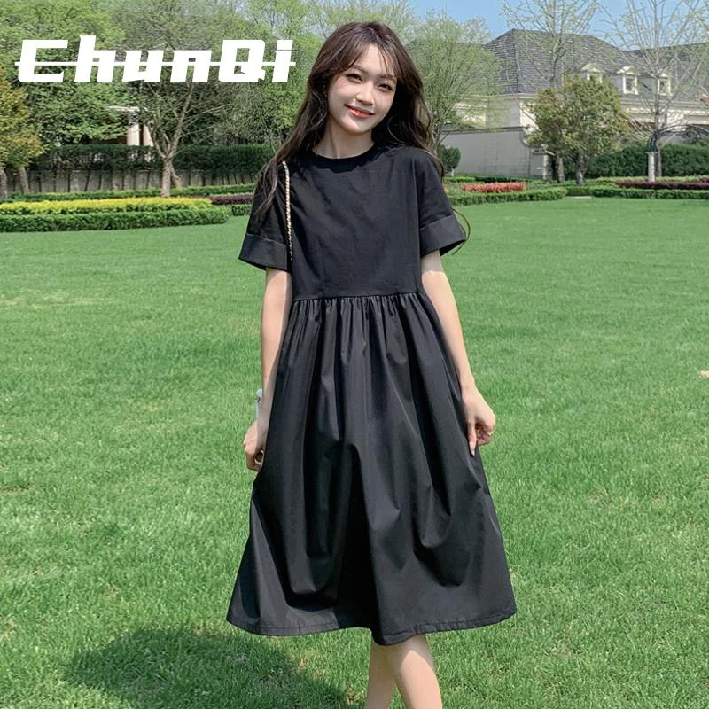 淳启小清新短袖休闲连衣裙女夏新款大码宽松显瘦a字长裙子设计感