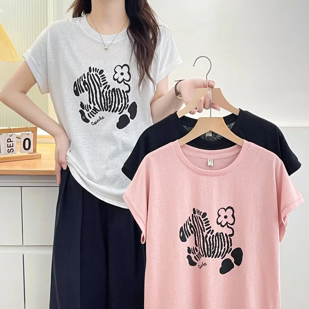 黑色飞飞袖雪花棉薄款透气宽松印花短袖T恤200斤可爱斑马减龄上衣