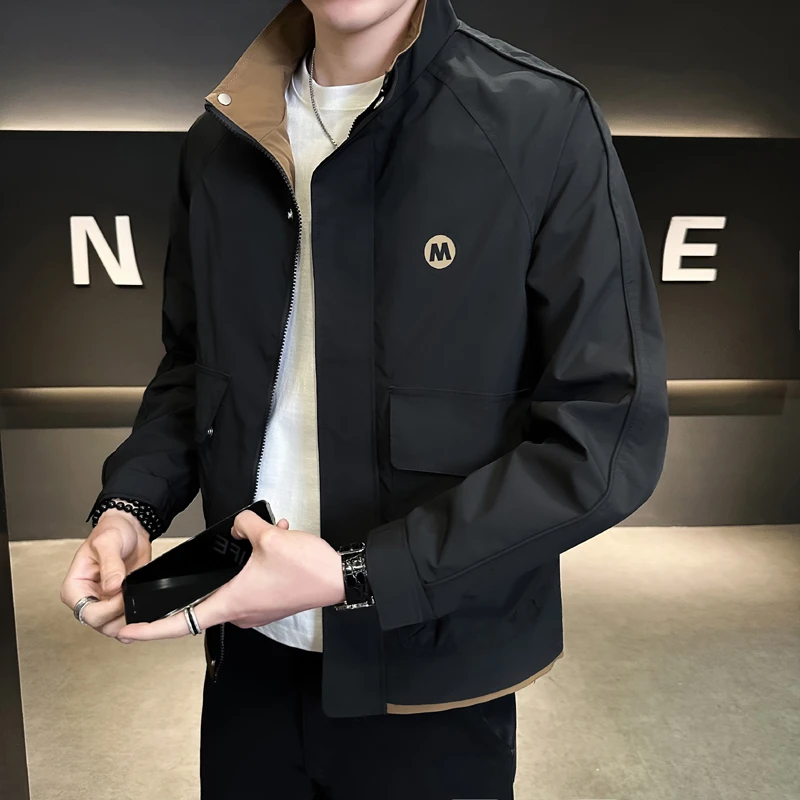 立领夹克男士春秋季新款修身拼色外套百搭高端潮流休闲时尚工装男