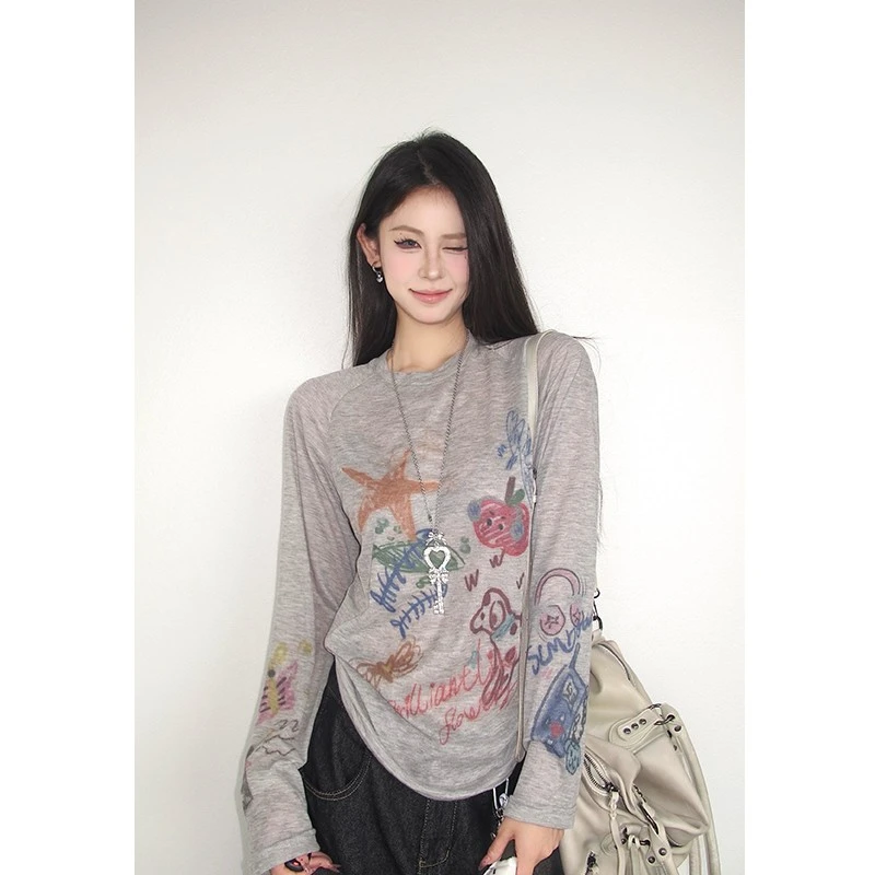 美式复古涂鸦印花长袖罩衫女夏季轻薄微透慵懒风防晒宽松百搭上衣
