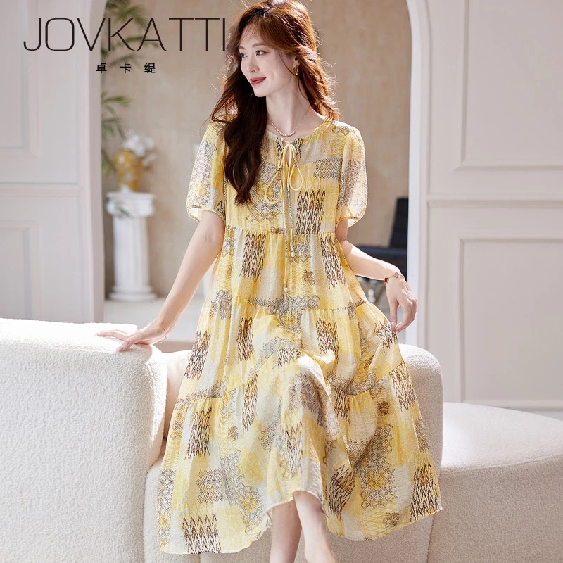 JovkattiV领系带印花雪纺长裙2025夏季韩系洋气减龄A字短袖连衣裙