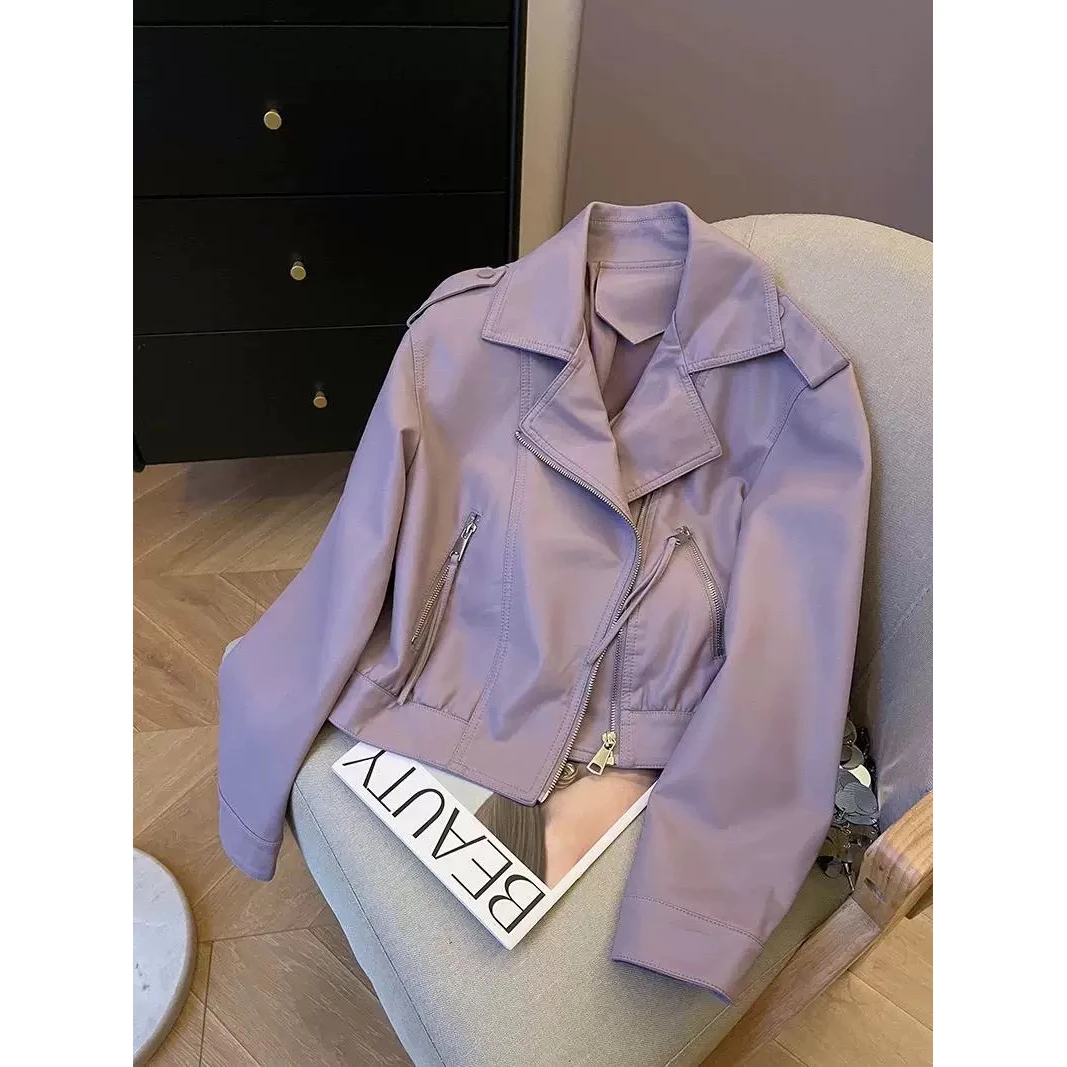 高级感紫色皮衣外套女2025春季新款小个子休闲夹克上衣百搭机车服