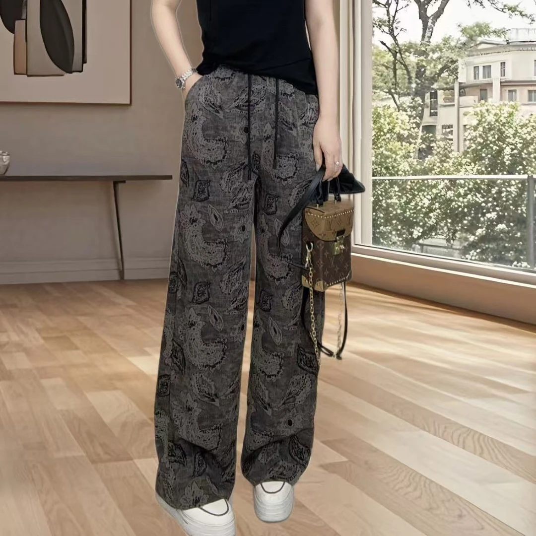 复古碎花直筒防蚊裤女春夏新款高腰显瘦长款高级感凉爽抖抖裤950