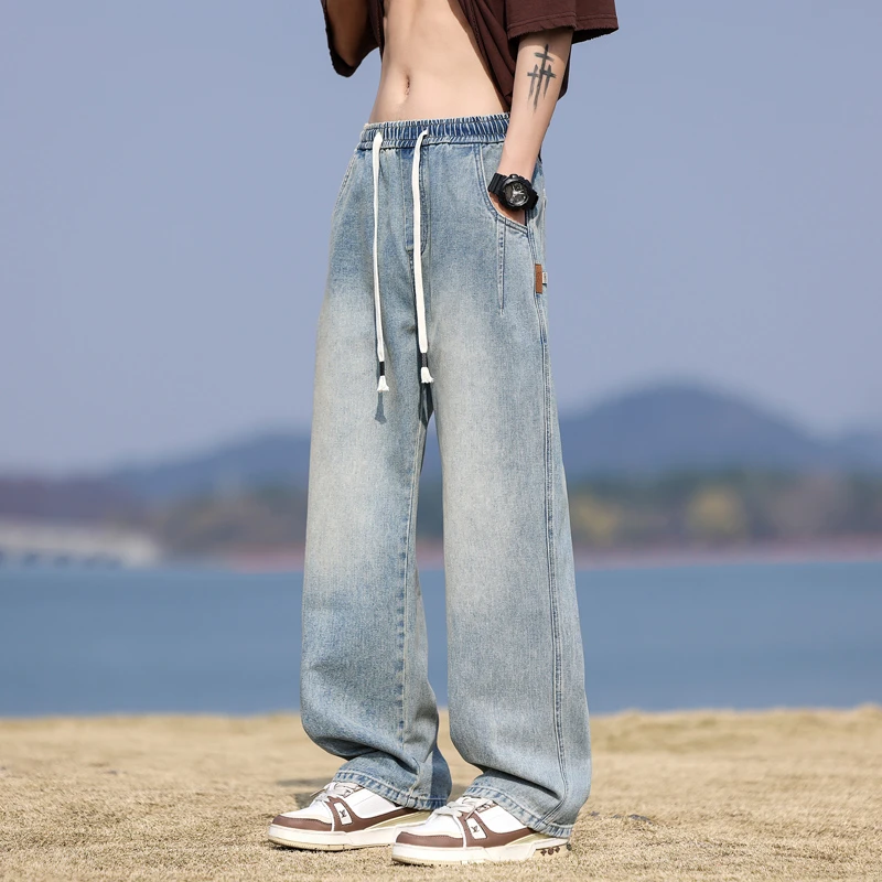 高街中腰怀旧春夏宽松街头牛仔裤美式裤子青春活力阔腿牛仔裤长裤