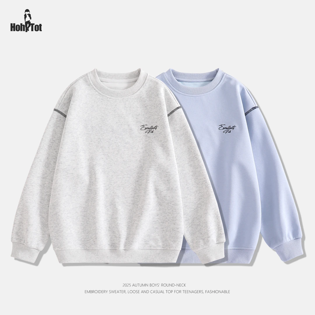 现货【新品上新】青少年刺绣圆领卫衣2025秋季中大男童休闲上衣潮
