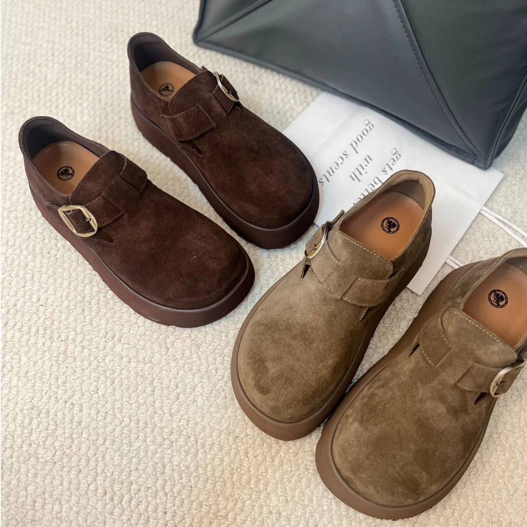 时尚休闲鞋耐磨魔术贴圆头皮鞋秋冬乐福鞋女鞋百搭复古厚底女鞋