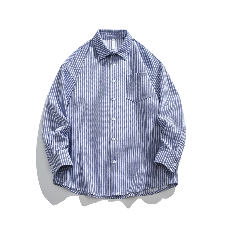 日系翻领长袖衬衫男秋季潮牌水洗百搭休闲条纹衬衣外套男