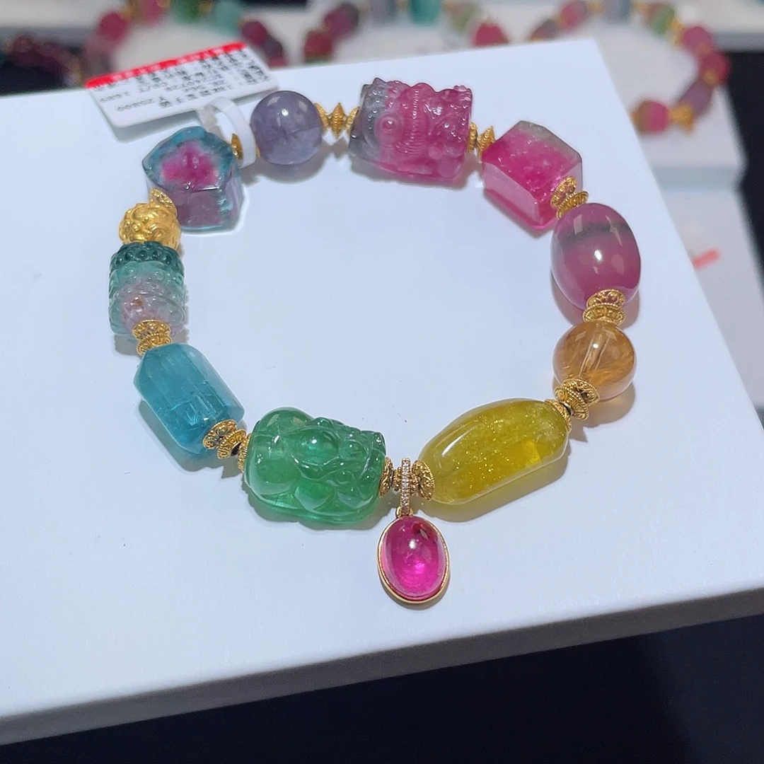 碧玺手链18K金镶嵌 荧光彩虹 多宝