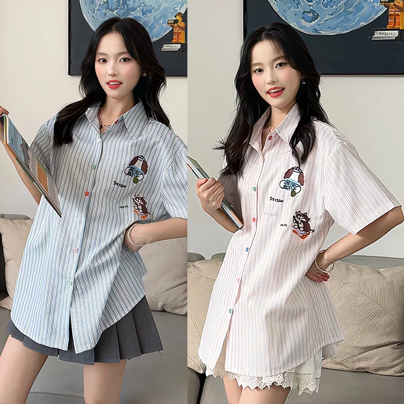 通勤卡通动漫韩版宽松条纹翻领刺绣学院风短袖衬衫夏装薄款