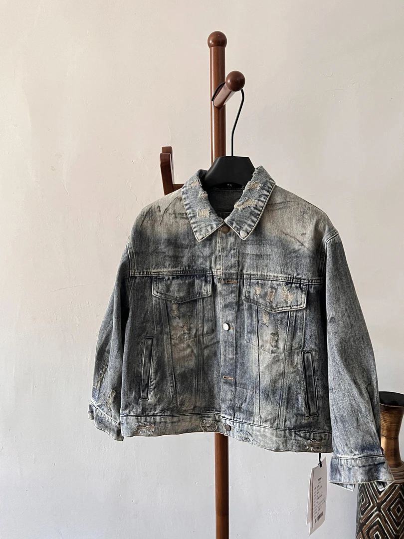 68037#炒色脏脏稀巴烂牛仔外套韩版中性风