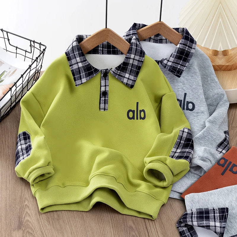 男童翻领卫衣儿童2025秋季新款POLO衫中大童秋装格子拼接上衣潮酷