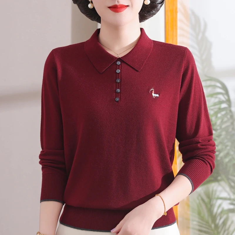 2025年春秋新款中年女士翻领时尚针织妈妈装薄款高档打底衫女上衣