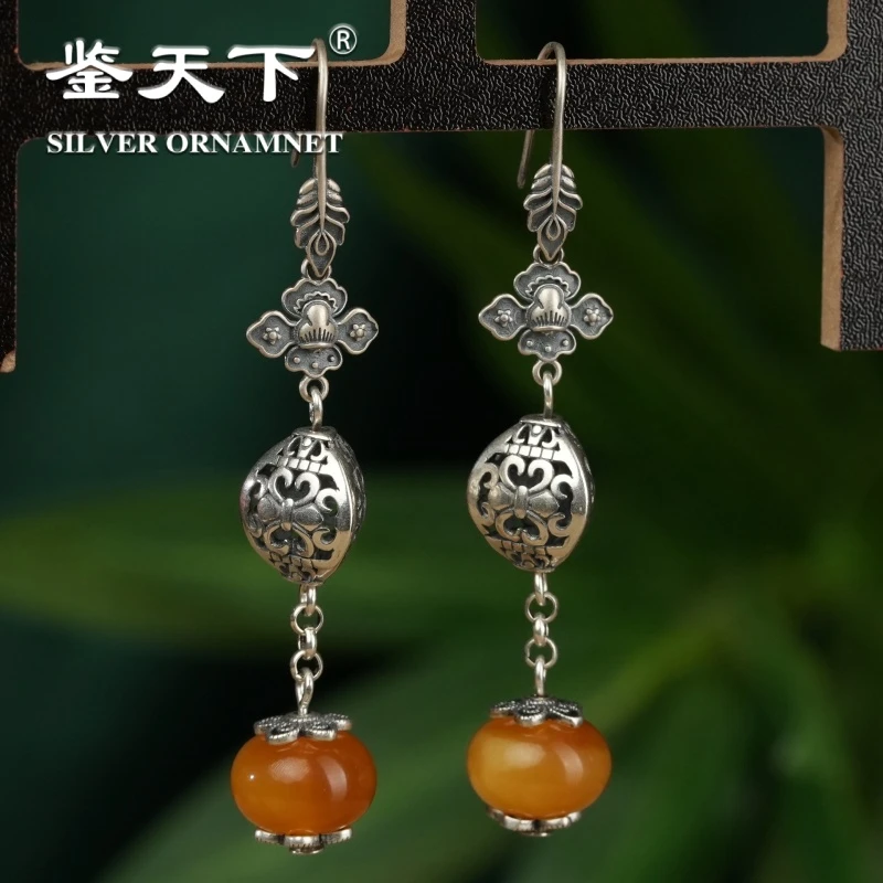 镂空四方花球蜜蜡扁珠银耳饰07310004