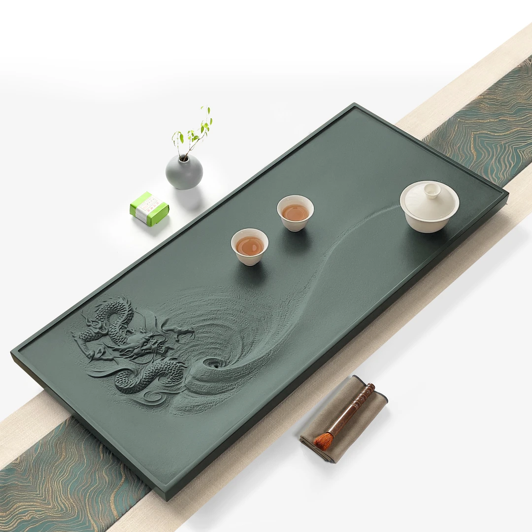 【天罗绿潜龙出渊】浮雕天然手工茶盘高档家用石头排水新中式石茶台