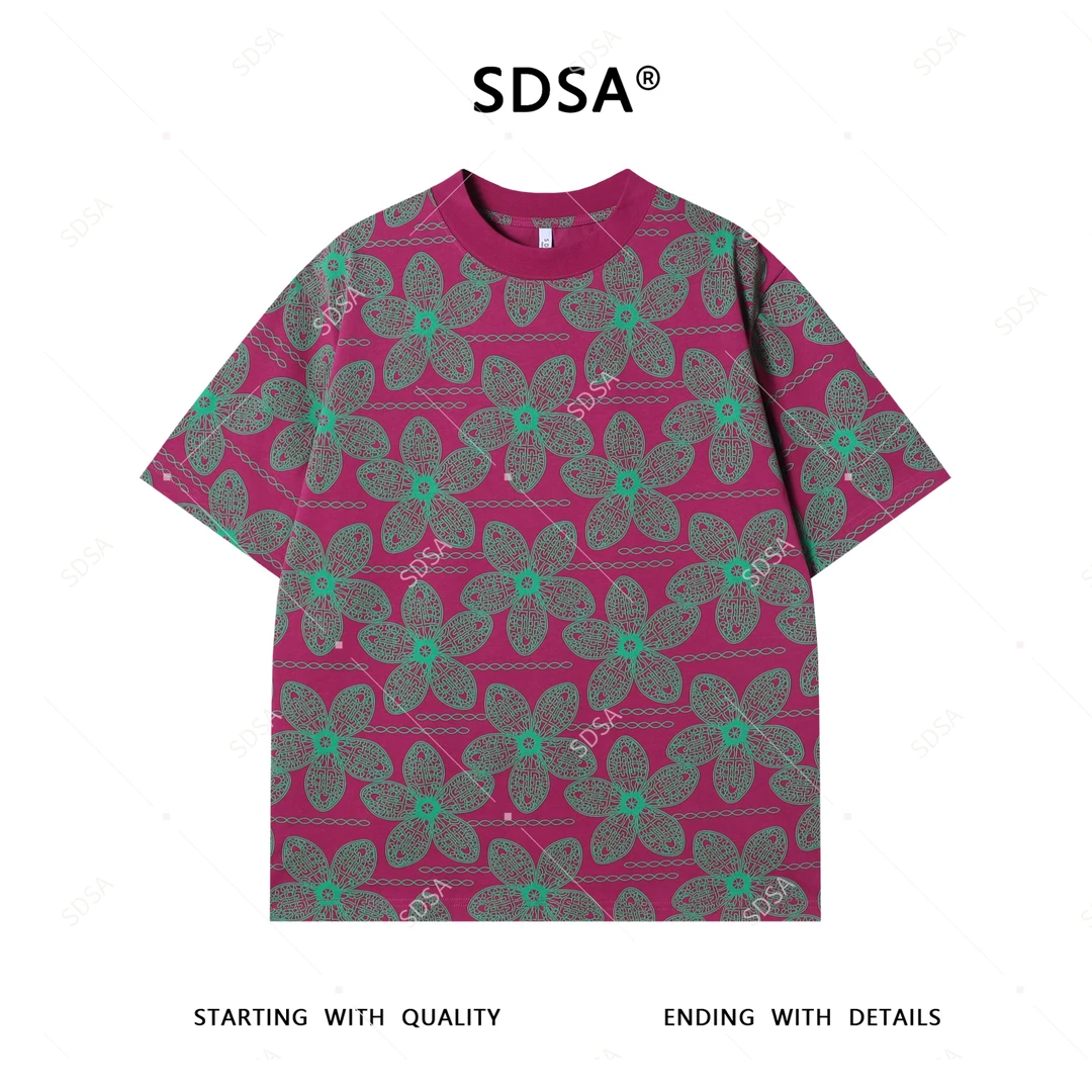SDSA夏季新款男士痞帅设计师撞色满印花卉印花圆领短袖T恤时尚