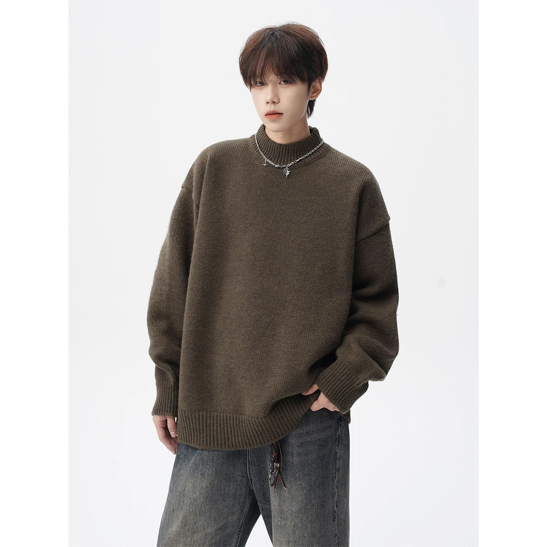 美式半高领打底毛衣男冬季慵懒感纯色情侣针织衫cleanfit百搭线衣