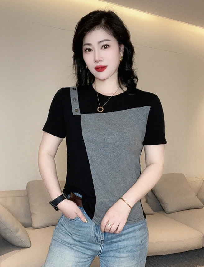 【琴琴穿搭】1811设计感女圆领洋气拼接短袖棉t宽松显瘦夏新款时尚
