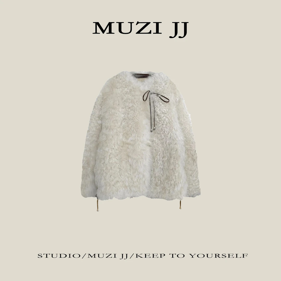 MUZI-PM803#时尚气质新款系带皮毛一体短款皮草外套