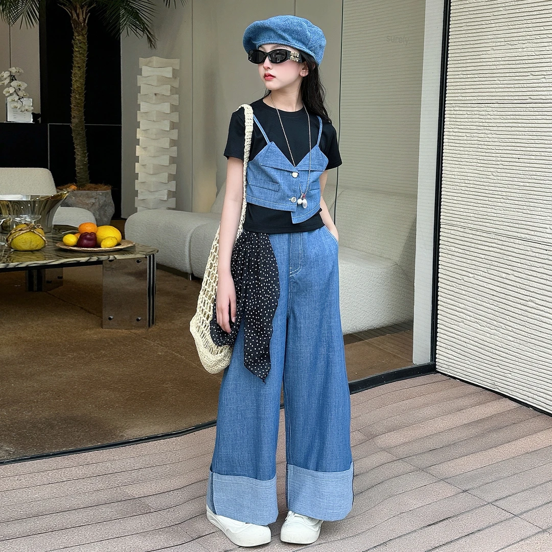 女大童夏装套装2025新款女童夏季假两件牛仔吊带短袖阔腿裤两件套