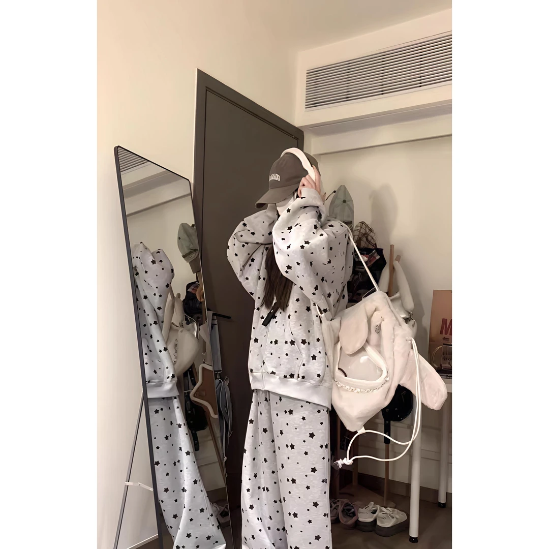 美式复古星星满印兔耳朵连帽卫衣女秋冬慵懒风宽松家居服两件套装